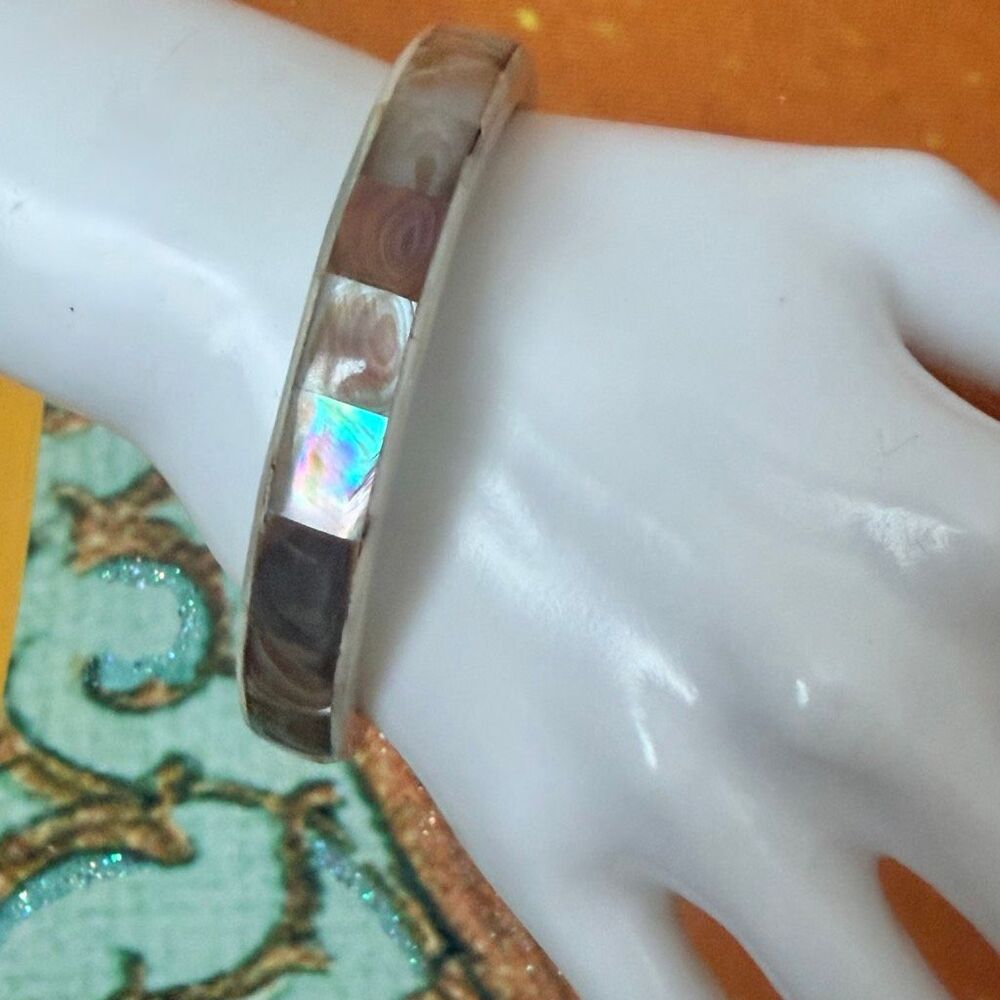 Vintage Abalone Mother of Pearl Mosaic Inlay Bangle Bracelet
